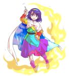  1girl alphes_(style) arm_up bag bangs belt blue_dress blue_hairband blue_sky boots bow brown_belt cloak clouds cloudy_sky collar dairi dress eyebrows_visible_through_hair fire full_body green_dress green_hairband hair_between_eyes hairband hand_up highres hiragana kanji katakana long_sleeves looking_at_viewer multicolored multicolored_clothes multicolored_dress multicolored_hairband open_mouth orange_dress orange_sleeves parody pink_bow pink_dress pink_footwear purple_dress purple_hair purple_hairband red_dress red_sleeves short_hair sky sky_print solo standing style_parody tachi-e tenkyuu_chimata touhou transparent_background violet_eyes white_cloak white_collar yellow_bag yellow_dress yellow_hairband yellow_sleeves 