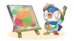  artist_painter canvas_(object) closed_eyes closed_mouth commentary_request hat hatted_pokemon holding holding_paintbrush no_humans official_art paintbrush piplup pokemon pokemon_(creature) project_pochama smile solo standing toes 