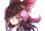  1girl bangs blush bow brown_eyes brown_hair chiroru_(cheese-roll) commentary_request eyebrows_visible_through_hair flower frilled_bow frilled_shirt_collar frills hair_bow hair_flower hair_ornament hair_tubes hakurei_reimu hibiscus highres lips long_hair looking_at_viewer pink_flower red_bow simple_background solo touhou white_background 