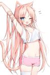  1girl ;d absurdres animal_ears arm_behind_head arm_up beliatan blue_eyes cat_ears cat_girl cat_tail extra_ears eyebrows_visible_through_hair highres long_hair looking_at_viewer midriff navel one_eye_closed open_mouth original pink_hair pink_shorts shorts simple_background single_thighhigh smile solo symbol-only_commentary tail tank_top thigh-highs very_long_hair white_background white_legwear 