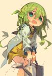  1girl aqua_eyes bangs blush child cloneko_(zelmeledf2) commentary dress eyebrows_visible_through_hair fang flat_chest green_hair green_pupils hair_between_eyes hair_ornament holding holding_watering_can jacket leaf_hair_ornament leaning_forward long_hair long_sleeves looking_down open_clothes open_jacket open_mouth original own_hands_together shiny shiny_hair shiny_skin short_dress sidelocks simple_background skin_fang solo sweat v_arms very_long_hair water watering_can white_jacket wide-eyed yellow_background yellow_dress 
