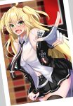  1girl admiral_hipper_(azur_lane) admiral_hipper_(muse)_(azur_lane) azur_lane bare_shoulders belt black_jacket black_legwear black_neckwear black_skirt blonde_hair blush breasts cellphone_picture core1013 eyebrows_visible_through_hair feet_out_of_frame fingerless_gloves gloves green_eyes hair_ornament hairclip highres index_finger_raised jacket jacket_pull long_hair looking_at_viewer navel necktie open_mouth shirt simple_background single_glove skirt small_breasts solo standing thigh-highs twintails white_gloves white_shirt 