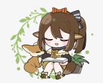  1girl animal animal_ears arknights black_bow bow brown_footwear brown_shirt chibi closed_eyes commentary_request fennec_fox fox_ears fox_girl fox_tail full_body hair_bow long_hair official_alternate_costume open_mouth orange_bow perfumer_(arknights) perfumer_(leisurely_afternoon)_(arknights) petting plant ponytail potted_plant shirt sidelocks simple_background sitting slippers solo tail white_background xijian 
