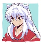  1boy animal_ears bangs closed_mouth dog_ears eyebrows_visible_through_hair hair_between_eyes highres inuyasha inuyasha_(character) japanese_clothes jewelry kimono kuuma25_kuma long_hair magatama magatama_necklace male_focus necklace red_kimono solo upper_body very_long_hair white_hair yellow_eyes 