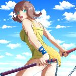  1girl ass bangs blue_sky blush breasts brown_hair clouds dress female final_fantasy final_fantasy_viii flipped_hair green_eyes highres holding holding_nunchaku holding_weapon kamio18 looking_at_viewer looking_back minidress nunchaku open_mouth outdoors panties selphie_tilmitt short_hair sky sleeveless sleeveless_dress smile solo underwear weapon wristband yellow_dress yellow_overalls 