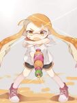  1girl angry bangs black_shorts full_body holding holding_water_gun ika_esu ink ink_on_face inkling long_hair looking_at_viewer open_mouth orange_eyes pointy_ears red_footwear shiny shiny_hair shirt shoes short_sleeves shorts simple_background solo splatoon_(series) splatoon_1 standing water_gun white_background white_shirt 