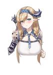  1girl :&lt; arknights bangs bare_shoulders blonde_hair blue_eyes blue_hairband blue_neckwear blush braid breasts bridal_gauntlets closed_mouth cropped_torso dragon_horns elbow_pads embarrassed eyebrows_visible_through_hair hairband horns large_breasts long_hair looking_at_viewer necktie pointy_ears saileach_(arknights) shuibo signature solo swept_bangs twin_braids upper_body 