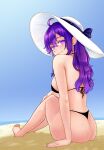  1girl absurdres arm_support ass bangs bare_arms bare_legs bare_shoulders barefoot beach beifeng_han bikini black_bikini blue_sky blush breasts commentary_request cowlick earrings glowing glowing_eyes hair_between_eyes halterneck hat highres jewelry looking_at_viewer looking_back medium_breasts miyaura_sanshio necklace ocean original outdoors pearl_necklace purple_hair sand sideboob sidelocks sitting sky smile sun_hat swimsuit thong thong_bikini violet_eyes wet white_headwear 