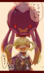  1girl :d absurdres backpack bag bangs blonde_hair blush character_doll closed_eyes commentary_request drifblim facing_viewer floating_hair highres holding_strap jigglypuff kudou_(gst910) long_sleeves open_mouth pokemon pokemon_(creature) pokemon_(game) pokemon_xy preschooler_(pokemon) purple_bag smile speech_bubble tied_hair tongue translation_request twintails upper_body upper_teeth 