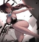  1girl absurdres bangs bbolalus blue_archive blush breasts brown_hair dark-skinned_female dark_skin fishnets gun highres karin_(blue_archive) large_breasts orange_eyes playboy_bunny ponytail rifle slit_pupils solo weapon 