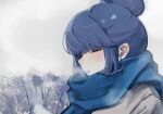  1girl blue_hair blush breath closed_eyes cold hair_bun leadin_the_sky open_mouth outdoors scarf shima_rin solo yurucamp 