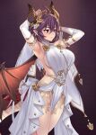  1girl armpits arms_up bangs bare_shoulders blush breasts closed_mouth detached_sleeves dragon_girl dragon_tail dragon_wings dress granblue_fantasy grea_(shingeki_no_bahamut) highres large_breasts long_sleeves minarai pointy_ears purple_background purple_hair red_eyes short_hair sideboob solo standing tail thighs white_dress wings 