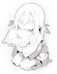  1girl bangs barefoot blush child cloneko_(zelmeledf2) commentary eyebrows_visible_through_hair fang gradient gradient_background greyscale hair_ribbon highres kneeling light_blush long_hair long_sleeves looking_at_viewer monochrome object_hug open_mouth original pajamas pants pillow pillow_hug ribbon seiza shiny shiny_hair shirt simple_background sitting sketch skin_fang solo white_background wide-eyed 