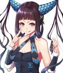  1girl :p bare_shoulders breasts brown_hair bun_cover fate/grand_order fate_(series) fur_trim hair_horns hands_up index_finger_raised long_hair looking_at_viewer mikan_(chipstar182) simple_background small_breasts smile solo tongue tongue_out twintails upper_body violet_eyes white_background wristband yang_guifei_(fate) 