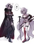  2girls ahoge armor armored_dress bangs bikini black_bikini black_choker black_gloves black_jacket breasts cape chain choker cropped_jacket fate/grand_order fate_(series) fur-trimmed_cape fur_collar fur_trim gauntlets gloves headpiece highres jacket jeanne_d&#039;arc_alter_(avenger)_(fate) jeanne_d&#039;arc_alter_(avenger)_(first_ascension)_(fate) jeanne_d&#039;arc_alter_(fate) jeanne_d&#039;arc_alter_(swimsuit_berserker)_(fate) katana large_breasts long_hair looking_at_viewer multiple_girls multiple_swords o-ring o-ring_bikini red_legwear roro_982 short_hair shrug_(clothing) silver_hair single_thighhigh swimsuit sword thigh-highs tsurime very_long_hair weapon white_hair yellow_eyes 