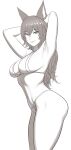  1girl absurdres animal_ears armpits arms_behind_head bikini breasts brown_theme closed_mouth granblue_fantasy hair_between_eyes highres ilsa_(granblue_fantasy) large_breasts long_hair looking_at_viewer lvl_(sentrythe2310) monochrome navel presenting_armpit sideboob simple_background smile solo standing swimsuit white_background 