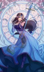 1girl arm_up armpits ayuuniiart blue_eyes brown_hair dress elbow_gloves gloves highres holding holding_sword holding_weapon long_dress long_hair looking_at_viewer low-tied_long_hair pointy_ears princess_zelda solo stained_glass sword the_legend_of_zelda the_legend_of_zelda:_twilight_princess tiara triforce weapon white_gloves