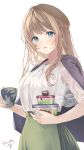  1girl bangs blonde_hair blue_eyes blush braid cup green_skirt grey_jacket highres holding holding_cup jacket lace long_hair looking_at_viewer lunchbox open_mouth original puracotte shirt short_sleeves simple_background skirt smile solo standing teacup white_background white_shirt 