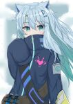  1girl absurdres animal_ear_fluff animal_ears aqua_eyes cat_ears covered_mouth high_collar highres jacket light_blue_hair long_hair long_sleeves looking_at_viewer nemuri_namida_rua original sleeves_past_fingers sleeves_past_wrists vial 