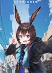  1girl absurdres amiya_(arknights) animal_ears arknights ascot black_jacket blue_collar blue_eyes blue_neckwear blue_sky building car clouds collar commentary copyright_name daocheng ground_vehicle hair_between_eyes highres hood hood_down hooded_jacket jacket long_hair motor_vehicle open_mouth power_lines rabbit_ears selfie shirt sidelocks sky solo upper_body utility_pole v white_shirt 