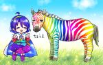  1girl ahoge blue_hair blush bow buttons cape closed_eyes clouds collar double_v eyebrows_visible_through_hair footwear_bow hairband multicolored multicolored_clothes multicolored_hairband open_mouth patchwork_clothes pink_bow pote_(ptkan) purple_footwear rainbow_gradient rainbow_order red_button short_hair sky sky_print standing standing_on_one_leg tenkyuu_chimata touhou two-sided_cape two-sided_fabric v white_cape zebra 