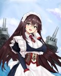  1girl absurdres apron azur_lane blue_eyes brown_hair center_frills curacoa_(azur_lane) dress dutch_angle frills highres juliet_sleeves kesseil long_hair long_sleeves maid_headdress necktie open_mouth outdoors puffy_sleeves red_neckwear rigging short_necktie solo upper_teeth water white_apron white_dress 