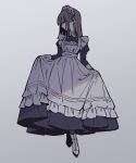  1girl apron bangs black_footwear blue_dress brown_hair clothes_lift dress dress_lift frilled_apron frills goshi-san grey_background highres holding holding_clothes juliet_sleeves long_sleeves looking_to_the_side maid maid_headdress medium_hair muted_color original puffy_sleeves sleeve_cuffs socks solo white_legwear 