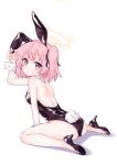  1girl absurdres animal_ears ass blue_archive commentary_request full_moon halo headband highres looking_at_viewer looking_back moon pink_eyes pink_hair playboy_bunny rabbit_ears rabbit_tail serina_(blue_archive) shoes simple_background sitting solo tail white_background 