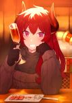  1girl absurdres alcohol bangs black_gloves black_shirt brown_sweater champagne champagne_flute cup dola_(nijisanji) dragon_girl dragon_horns drinking_glass elbow_rest eyebrows_visible_through_hair food fork gloves grin hair_between_eyes hand_on_own_cheek hand_on_own_face hati105 head_rest highres holding holding_cup horns indoors jukebox long_hair looking_at_viewer meat nijisanji plate redhead shirt smile solo sweater table violet_eyes virtual_youtuber 