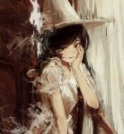  1girl 7ife absurdres black_hair blood blood_on_face brown_eyes closed_mouth commentary dress english_commentary hat highres licking_lips long_hair looking_at_viewer original short_sleeves solo tongue tongue_out upper_body white_dress white_headwear witch witch_hat 
