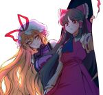  2girls arm_up armpits ascot bangs bare_shoulders blonde_hair blue_neckwear bow breasts closed_mouth collar collared_dress detached_sleeves dress eyebrows_visible_through_hair gap_(touhou) gradient gradient_background grey_background grey_hair hair_between_eyes hair_bow hair_ornament hair_tubes hakurei_reimu hand_up hat hat_bow light long_hair long_sleeves looking_at_another looking_at_viewer medium_breasts mob_cap multiple_girls orange_eyes pink_bow purple_vest red_bow red_dress red_eyes shadow smile t20210325 tabard touhou upper_body vest white_background white_dress white_headwear wide_sleeves yakumo_yukari yellow_eyes 