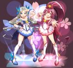  2girls alternate_costume anchor asakaze_(kancolle) blue_background blue_bow blue_choker blue_eyes blue_skirt blush boots bow choker cosplay cure_blossom cure_blossom_(cosplay) cure_marine cure_marine_(cosplay) dated dress eyebrows_visible_through_hair floral_background forehead full_body gift gradient gradient_background hair_bow hair_ornament heartcatch_precure! high_heel_boots high_heels high_ponytail highres kamikaze_(kancolle) kantai_collection kneehighs light_brown_hair long_hair magical_girl moke_ro multiple_girls open_mouth outstretched_arm pink_background pink_choker pink_dress precure purple_bow purple_footwear purple_hair short_sleeves skirt smile thigh-highs twitter_username very_long_hair violet_eyes white_dress white_legwear 
