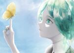  1other androgynous bug butterfly butterfly_on_finger closed_mouth commentary_request crystal_hair from_side green_eyes green_hair green_nails highres houseki_no_kuni phosphophyllite short_hair simple_background smile solo you_kuroki 