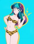  1980s_(style) animal_print aqua_eyes aqua_hair bare_shoulders bikini collarbone eyeshadow gradient_hair green_hair hand_on_hip highres horns kme lum makeup multicolored_hair navel oni oni_horns pointy_ears retro_artstyle strapless strapless_bikini swimsuit tiger_print tiger_stripes urusei_yatsura yellow_bikini 