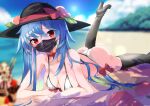  1girl absurdres bad_anatomy beach black_footwear black_headwear blue_hair blue_sky blurry blurry_background boots bow cross-laced_footwear day eyebrows_visible_through_hair food hair_between_eyes hat hat_bow high_heel_boots high_heels highres hinanawi_tenshi ice_cream knee_boots lace-up_boots long_hair looking_at_viewer lying mask mouth_mask neck_ribbon ocean on_stomach outdoors red_eyes ribbon sand sky solo sundae surgical_mask swimsuit tetsurou_(fe+) touhou 