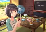  1girl absurdres akiyama0818 bangs black_eyes black_hair blunt_bangs blush controller cup day electric_fan eyebrows_visible_through_hair game_console game_controller game_over highres indoors plate radio shirt short_sleeves solo super_famicom t-shirt table tatami television tissue_box 