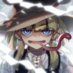  1girl black_vest blonde_hair blue_eyes brown_headwear commentary_request grey_background hair_ribbon hands_up hat long_tongue looking_at_viewer moriya_suwako open_mouth own_hands_together palms_together red_ribbon ribbon shirt short_hair_with_long_locks smile solo tongue tongue_out touhou tress_ribbon upper_body vest white_shirt zounose 