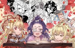  +_+ 3girls absurdres artist_request bare_shoulders beard blonde_hair book brooch brown_eyes brown_hair eyepatch facial_hair flower granblue_fantasy green_eyes grey_eyes hair_bobbles hair_intakes hair_ornament hair_over_one_eye hair_ribbon hair_up hairclip harvin head_rest highres imagining jewelry kotatsu long_hair lopop_(granblue_fantasy) lunalu_(granblue_fantasy) mahira_(granblue_fantasy) melissabelle multiple_girls mustache open_mouth pointy_ears popol_(granblue_fantasy) purple_hair red_eyes ribbon rose smile sparkle strap_slip sword table tears upper_body weapon wrist_cuffs 