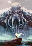  1boy absurdres bald brown_bodysuit cape commentary cthulhu cthulhu_mythos from_behind giant highres kalmahul looking_at_another monster moon one-punch_man outdoors rock saitama_(one-punch_man) scenery ship standing tentacles water watercraft white_cape 