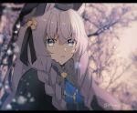  1girl animal_ears arknights bangs braid cat_ears cat_girl commentary eyebrows_visible_through_hair grey_eyes hat long_hair official_alternate_costume parted_lips pirorr pramanix_(arknights) pramanix_(caster&#039;s_frost)_(arknights) silver_hair snow solo twin_braids 