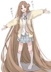  1girl :o absurdly_long_hair alternate_hair_length alternate_hairstyle bangs cardigan eyebrows_visible_through_hair full_body hair_bun highres ichikawa_hinana idolmaster idolmaster_shiny_colors kneehighs long_hair long_sleeves looking_at_viewer mogupon neck_ribbon no_shoes open_collar outstretched_arms parted_bangs plaid plaid_skirt ribbon round_teeth school_uniform sketch skirt solo teeth very_long_hair white_legwear yellow_cardigan 