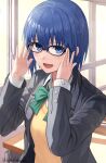  1girl adjusting_eyewear bangs black-framed_eyewear black_jacket blue_eyes blue_hair blush bow bowtie buttons ciel_(tsukihime) collared_shirt commentary_request desk eyebrows_visible_through_hair glasses green_bow green_neckwear hair_between_eyes highres indoors jacket junshiki long_sleeves looking_at_viewer open_clothes open_jacket open_mouth school_uniform shirt short_hair signature smile solo tongue tsukihime tsukihime_(remake) uniform upper_body vest white_shirt window yellow_vest 