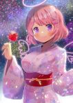  1girl aerial_fireworks bangs blush breasts candy_apple closed_mouth commission eyebrows_visible_through_hair fireworks floral_print food hair_ornament hairclip halo hands_up holding holding_food japanese_clothes kimono kou_hiyoyo long_sleeves medium_breasts obi original pink_hair print_kimono sash skeb_commission smile solo violet_eyes white_kimono wide_sleeves x_hair_ornament 