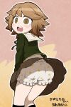  1boy ass bangs bloomers blush brown_eyes brown_hair brown_skirt chintai_(mansyontintai) commentary_request danganronpa:_trigger_happy_havoc danganronpa_(series) from_behind fujisaki_chihiro green_jacket jacket kneehighs looking_at_viewer male_focus neck_ribbon open_mouth otoko_no_ko pleated_skirt red_background ribbon school_uniform short_hair signature simple_background skirt solo surprised two-tone_background underwear upskirt yellow_background 