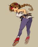  1girl ass braid breasts brown_eyes brown_hair dougi fingerless_gloves gloves headband long_hair looking_at_viewer mota open_mouth shoes simple_background smile sneakers solo the_king_of_fighters yuri_sakazaki 