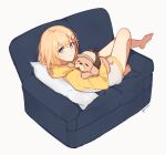  1girl bangs blonde_hair blue_eyes bubba_(watson_amelia) couch hair_ornament highres holding hololive hololive_english holomyth hug looking_at_viewer lying monocle_hair_ornament orinte pillow short_hair smile solo virtual_youtuber watson_amelia 
