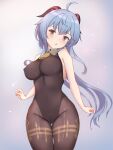  absurdres ahoge bangs bell black_legwear blue_hair blush breasts cover covered_navel cowboy_shot dae_(dog-of-maou) eyes ganyu_(genshin_impact) genshin_impact gold_trim highres horns large_breasts leotard leotard_under_clothes long_hair looking_at_viewer neck_bell no_gloves open_mouth pointy_breasts sleeveless solo standing thigh_gap thighlet 
