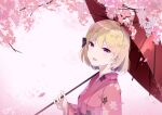 1girl :d absurdres alternate_costume azur_lane bangs blurry bow brown_hair cherry_blossoms commentary commentary_request depth_of_field eyebrows_visible_through_hair eyes_visible_through_hair hair_between_eyes hair_bow hair_ribbon head_tilt highres holding holding_umbrella hun_shang japanese_clothes kimono long_sleeves looking_at_viewer obi oil-paper_umbrella open_mouth petals pink_background ribbon sash short_hair sidelocks signature simple_background smile solo tree umbrella violet_eyes wide_sleeves z23_(azur_lane) 