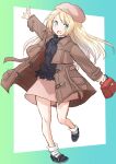  1girl alternate_costume bag beret black_footwear black_sweater blonde_hair blue_eyes brown_coat brown_headwear coat fuji_(pixiv24804665) full_body hat highres jervis_(kancolle) kantai_collection looking_at_viewer outstretched_arms pink_skirt skirt smile socks solo sweater white_legwear 