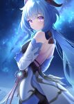  1girl backless_outfit bare_back bare_shoulders black_bodysuit blue_hair bodysuit breasts chinese_knot detached_sleeves eyebrows_visible_through_hair ganyu_(genshin_impact) genshin_impact goat_horns highres horns long_hair looking_at_viewer looking_back medium_breasts nebula nekobaka night night_sky outdoors sky solo star_(sky) starry_sky tassel tears violet_eyes vision_(genshin_impact) 